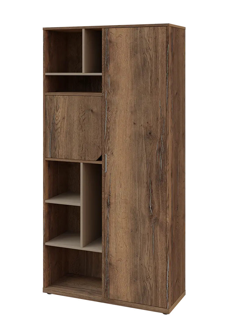 KSR6-83 P skříň šatní, 1x výsuvné ramínko, dvířka, niky, 2053x1022x400 mm, provedení pravé, korpus a dvířka dub halifax cínový/police latte